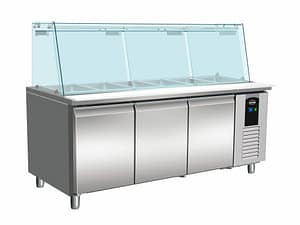 TABLE RÉFRIGÉRÉE AVEC VERRE 3 PORTES 5X 1/1 GN RÉCIPIENT