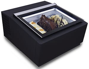 MODÈLE DE TABLE VITRINE À CREME GLACÉE NOIR S'OUVRE DU CÔTÉ CLIENT