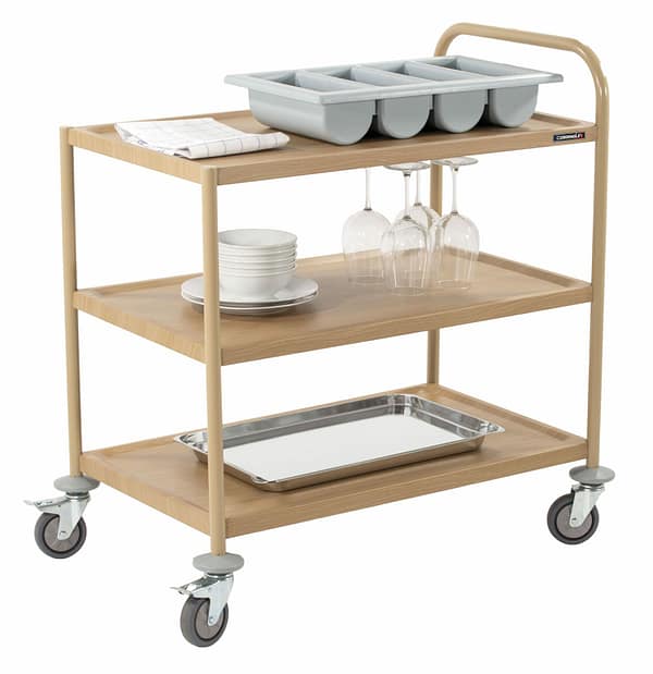 Chariot de service imitation bois 3 plateaux 1 arceau
